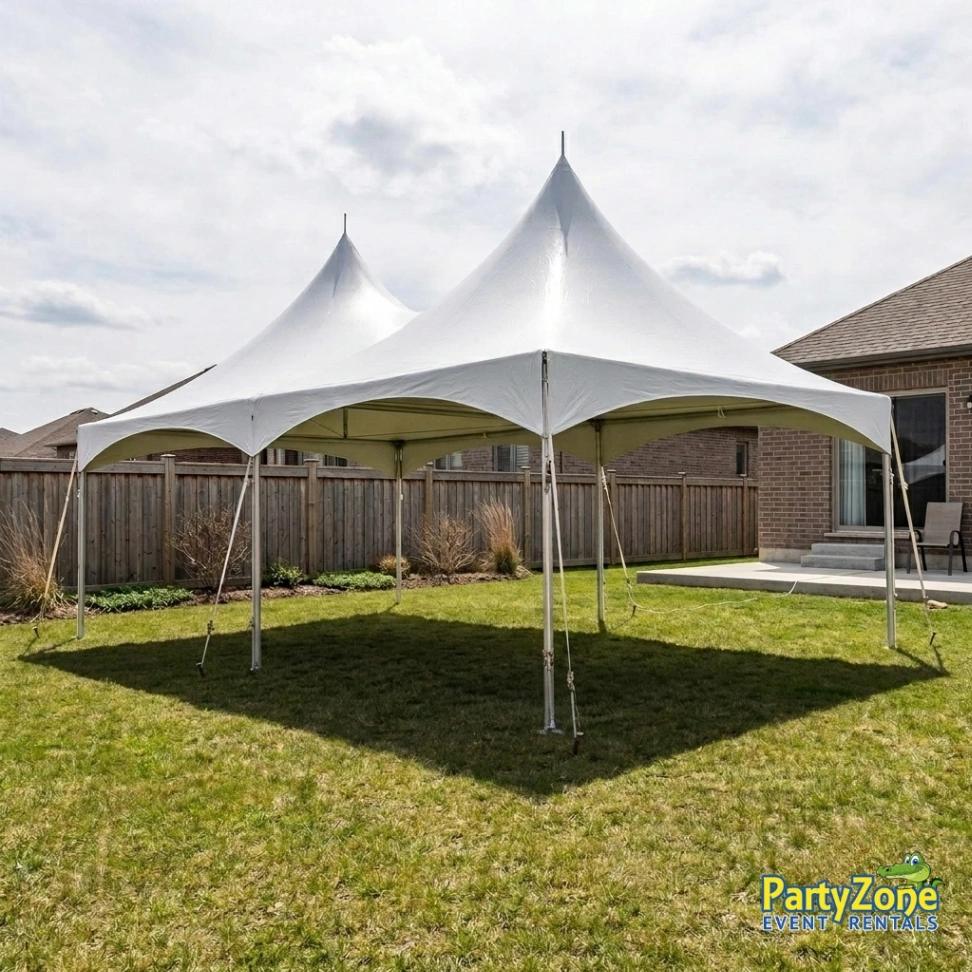 20x40 high peak frame tent rental for Gretna LA weddings and large graduations, seats up to 96