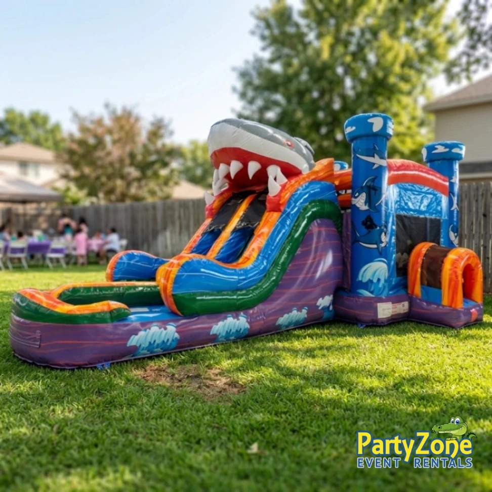 Shark MC dual-lane bounce and race combo rental for Gretna LA birthday parties and church events